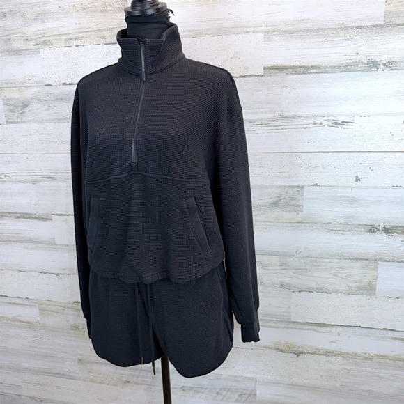 Athleta 2pc Black Waffle Knit Set Half Zip Pullover & Shorts Cozy Small - Picture 3 of 13